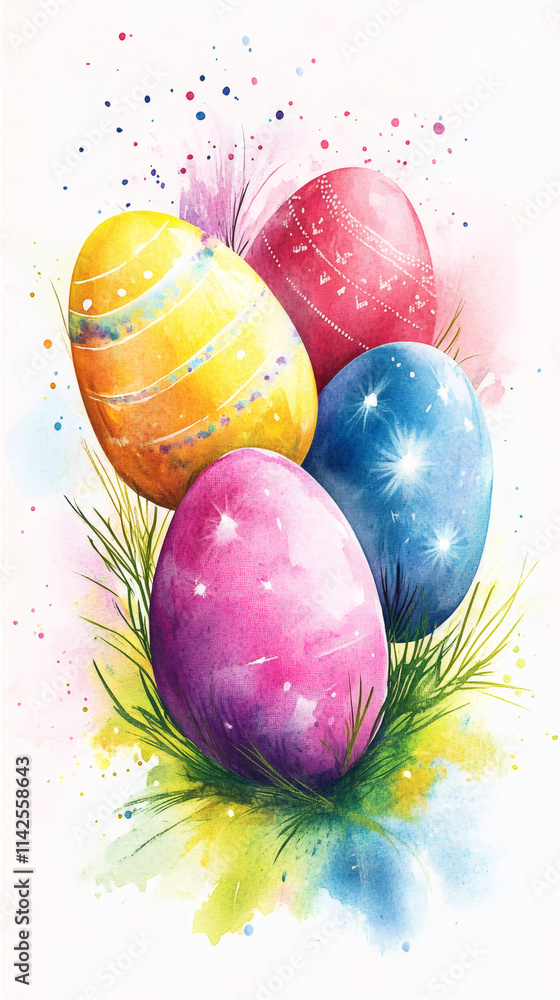 Aufkleber cheerful spring watercolor painting featuring vibrant easter eggs nestled in green grass, adorned wi