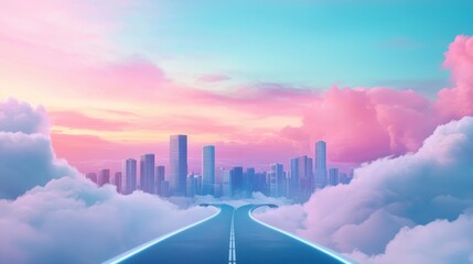 Fototapeta premium A panoramic view of a futuristic cityscape at dusk, with sleek skyscrapers illuminated against a colorful sky, electric vehicles gliding silently on elevated roadways.