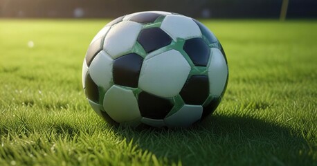 Fototapeta premium Close-up of a soccer ball sitting on a lush green grassy surface, sporting goods, athletic gear, pattern