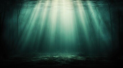 A serene underwater scene featuring soft light rays penetrating the surface, illuminating a dark, mysterious environment reminiscent of an underwater forest, Ideal for themes of nature, tranquility