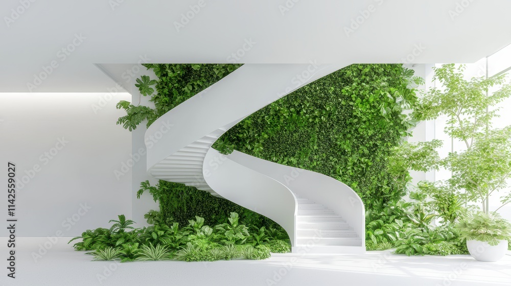 Poster a modern office building with integrated green spaces and sustainable design elements, emphasizing e