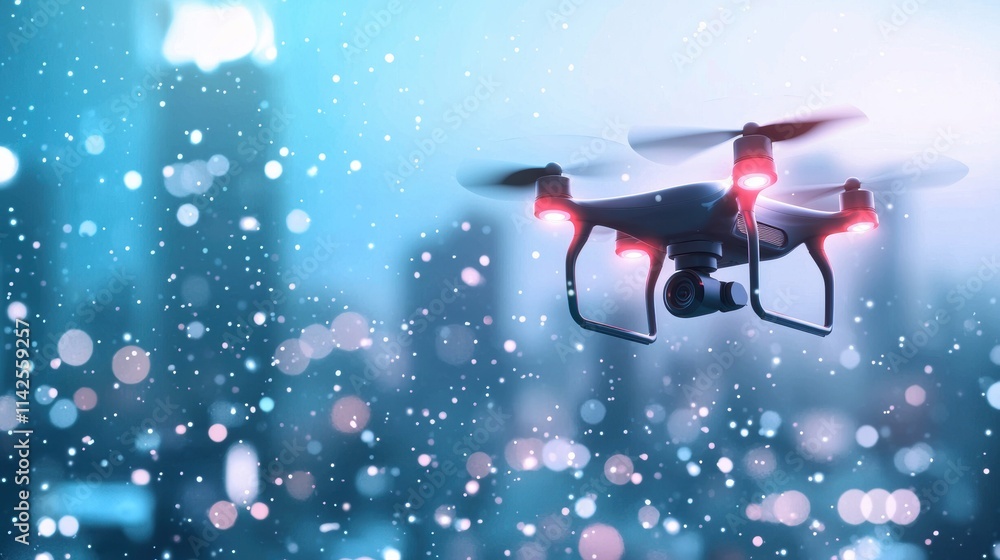Poster a futuristic cityscape with ai powered drones flying overhead, monitoring traffic flow and optimizin