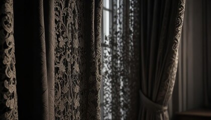 Close-up of intricate lace detailing on dark curtains in dim light, silk, enigma, intricate