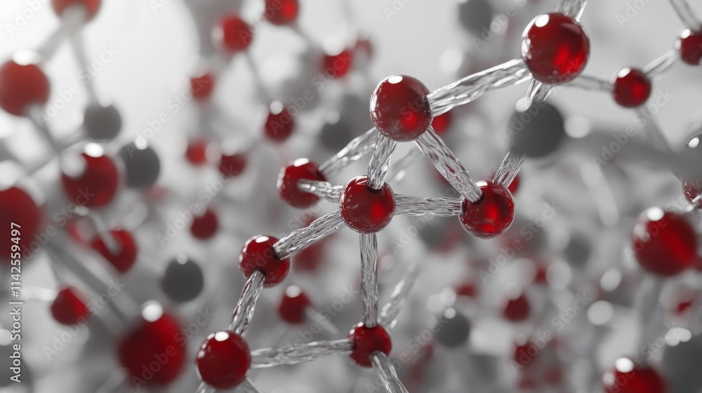 Poster close-up view of intricate molecular structures showcasing red and gray spheres, representing chemic
