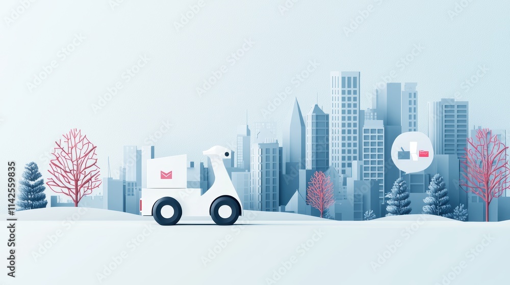 Poster a delivery robot transporting online orders in a city environment, representing the growth of e comm