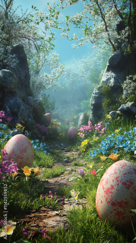 Poster giant easter eggs are hiding along a path through a blooming forest, creating a magical and whimsica