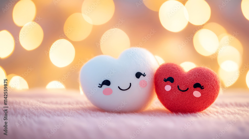 Poster cute plush hearts with smiling faces on a soft surface and bokeh background