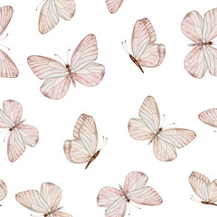 Seamless pattern with Pastel beige and coral butterflies in vintage style on a isolated background. Watercolor illustration for fabric,textiles, wallpaper, wrapping paper, covers, prints, clothing.