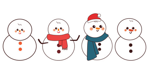hand drawing cartoon snowman sticker set. cute winter doodle set