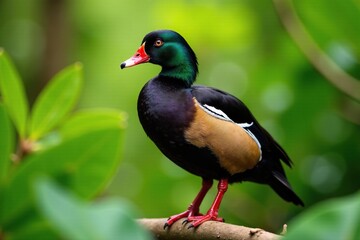 Black belly whistling duck on branch with leaves, tree dweller, tropical bird