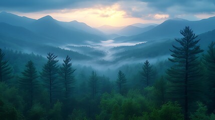 Obraz premium Misty sunrise over mountain range with evergreen forest.