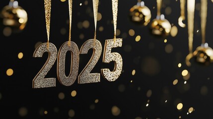 Hanging golden 2025 figures with glittering ornaments evoke a festive and celebratory New Year vibe 