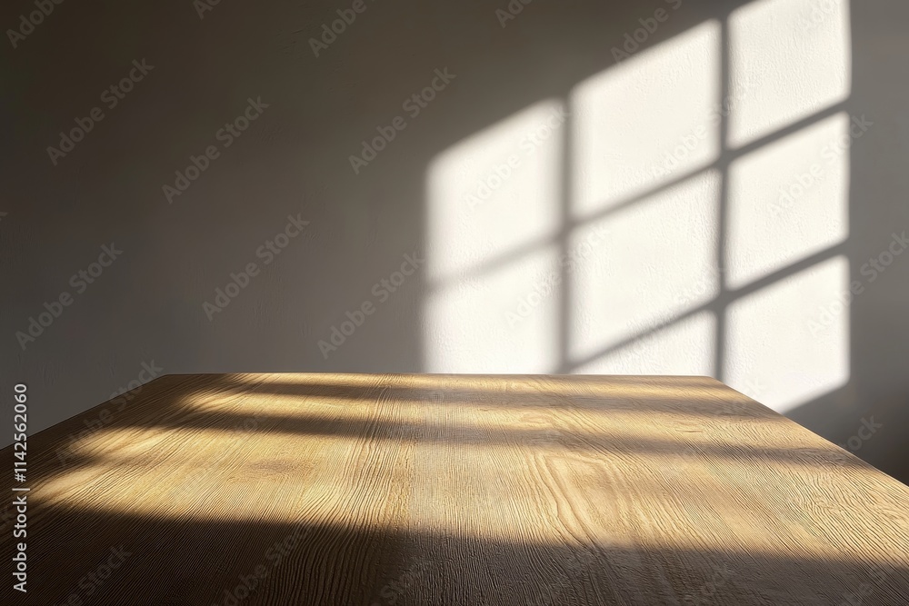 Poster sunlight casts geometric shadows on a wooden table creating a warm and inviting atmosphere perfect f