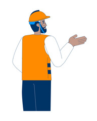 Black male construction worker giving directions 2D cartoon character. Industrial supervisor in safety vest and hardhat isolated person flat vector on white background. Spot illustration colorful
