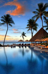 Obraz premium Experience serenity at this luxurious resort featuring a stunning pool, swaying palm trees, and picturesque ocean views.