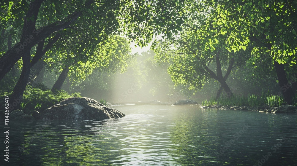 Poster sunbeams filtering through trees over a serene river in the forest