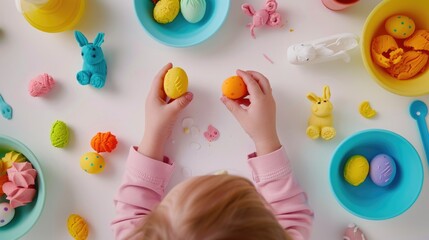 Child enjoying colorful easter egg and bunny crafts at home