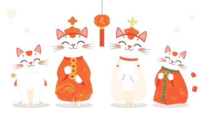 Cat Celebrates Chinese New Year - New Year Card with Cat - Chinese Cat On The Wall - Cat in Cheongsam
