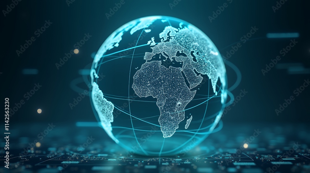 Poster A Visually Striking Neon Globe Depicting Global Logistic Travel Routes Connecting Continents for Use in Shipping and Transportation Overview