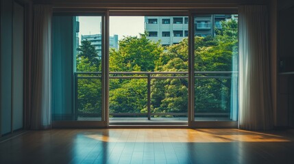 Obraz premium Sunlit apartment interior with sliding glass doors opening to a balcony and green city view.