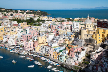 beautiful Procida island with colorful houses in sunny summer day, Italy