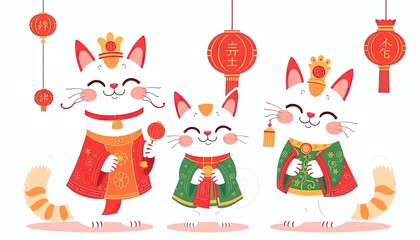 Naklejka premium Cat Celebrates Chinese New Year - New Year Card with Cat - Chinese Cat On The Wall - Cat in Cheongsam