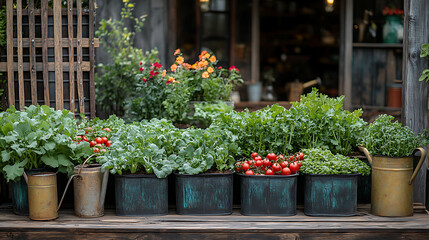 Garden scene featuring antique cast iron planters filled with vegetables surrounded by rustic wooden trellises and aged brass watering cans