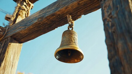 Fototapeta premium Ornate brass bell hanging from weathered wooden beam against a clear blue sky.