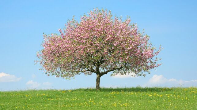 A serene view of an apple tree in full bloom, with pink blossoms and green leaves, symbolizing the beauty of spring