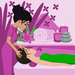 Relaxation massage. Therapy and treatment by professional therapist in SPA. Isolated flat vector illustration. Indian and Asian ethnicity.