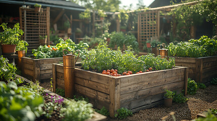 Rustic kitchen garden with antique copper watering cans raised beds filled with rich soil and heirloom vegetable planters featuring a closeup of handcarved wooden trellises