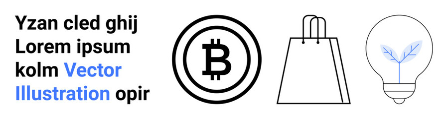 Bitcoin symbol in a circle, minimalist shopping bag, eco-friendly light bulb, placeholder text. Ideal for cryptocurrency, e-commerce, sustainability, digital currency, online shopping green