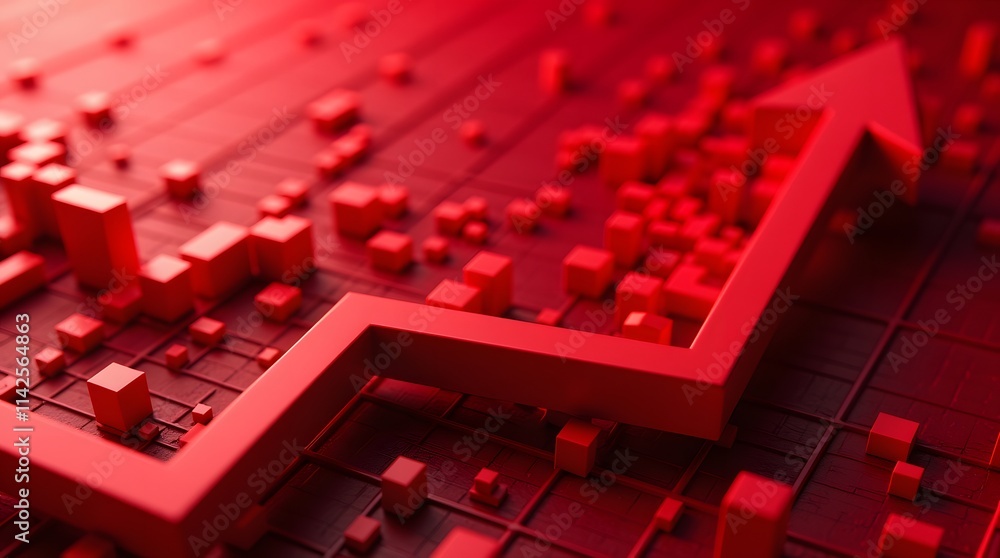 Poster red arrow soaring amidst a field of red cubes; a powerful visual of growth and progress.