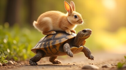 Fototapeta premium Adorable bunny riding a tortoise! A whimsical journey through nature's unexpected pairings. Pure joy!