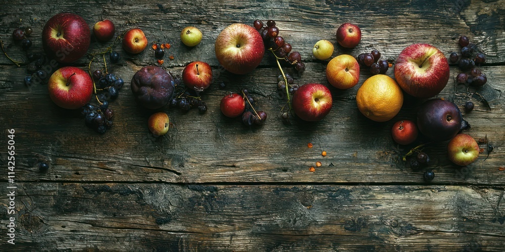 Poster a textured background showcasing different fruits scattered on a wooden table, creating a rustic and