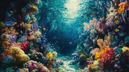 Fototapeta premium The bright underwater scene features colorful tropical fish swimming among a network of coral reefs.