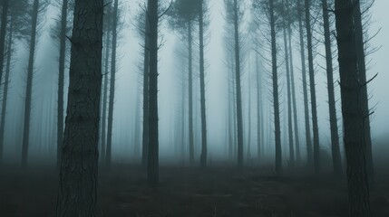 Fototapeta premium Mysterious fog envelops tall pine trees in an enchanting forest setting.