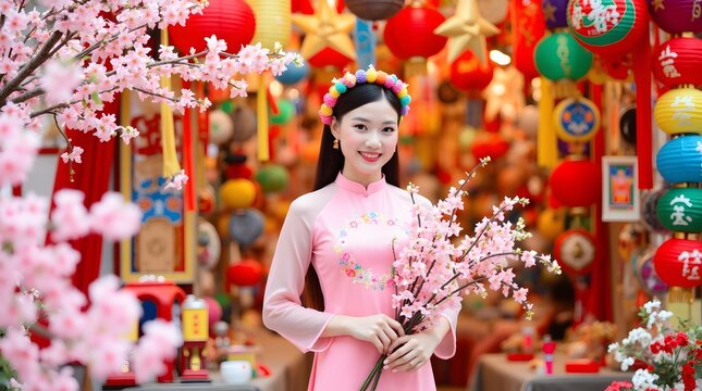 Radiant woman in pink &Aacute;o D&agrave;i, holding blossoms amidst vibrant lanterns and cherry blossoms, celebrating the Spring Festival.