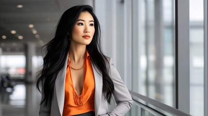 Fototapeta premium Elegant Asian Model in Stylish Airport Corridor Fashion Photoshoot