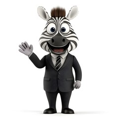 Cartoon Zebra Character in Formal Suit Waving with a Friendly Smile