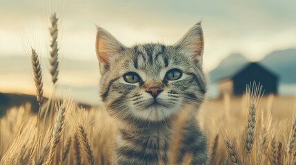 Obraz premium A curious tabby cat sits in a golden wheat field during sunset.