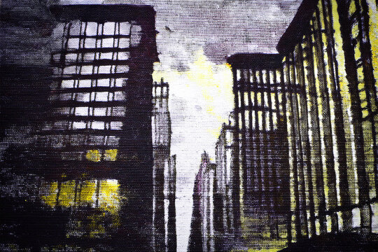 Ciudad New York pintada por la noche en un lienzo , se ven edificios , color amarillo