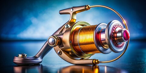 Obraz premium Drone Shot: Isolated Fishing Reel, High-Resolution Aerial Photography, Spinning Reel, Baitcasting Reel, Fishing Gear, Close-Up