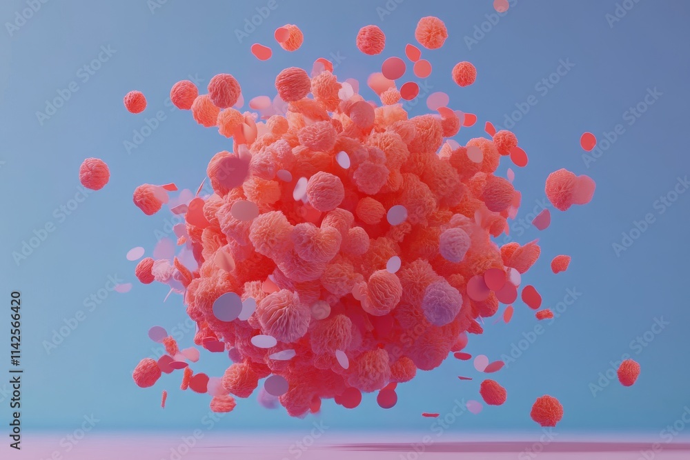 Poster vibrant abstract composition of soft pink and coral elements floating against a light blue backgroun