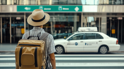 A tourist in a straw hat and backpack holding a suitcase near a white taxi outside an international airport