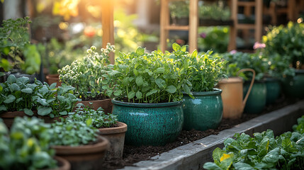Antique ceramic planters overflowing herbs closeup of vintage watering cans rich soil and wooden trellises supporting climbing vegetables in a quiet garden