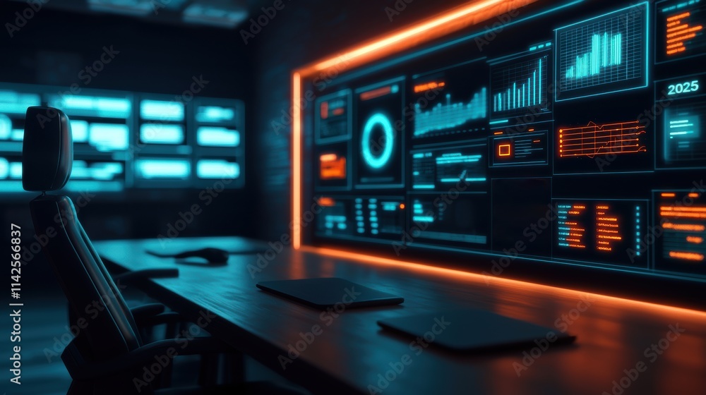 Aufkleber futuristic workstation showing charts and analytics in neon-lit environment