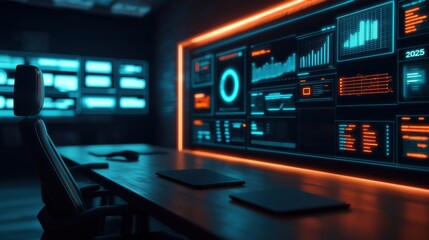 Futuristic workstation showing charts and analytics in neon-lit environment