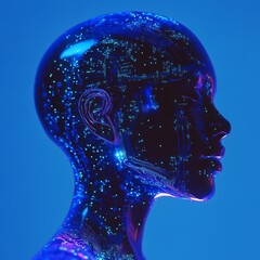 Obraz premium Glowing Digital Head Profile against Futuristic Blue Backdrop