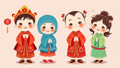 Children Celebrating Chinese New Year - New Year Greeting Card with Children - Chinese Children on Wall - Children in Cheongsam